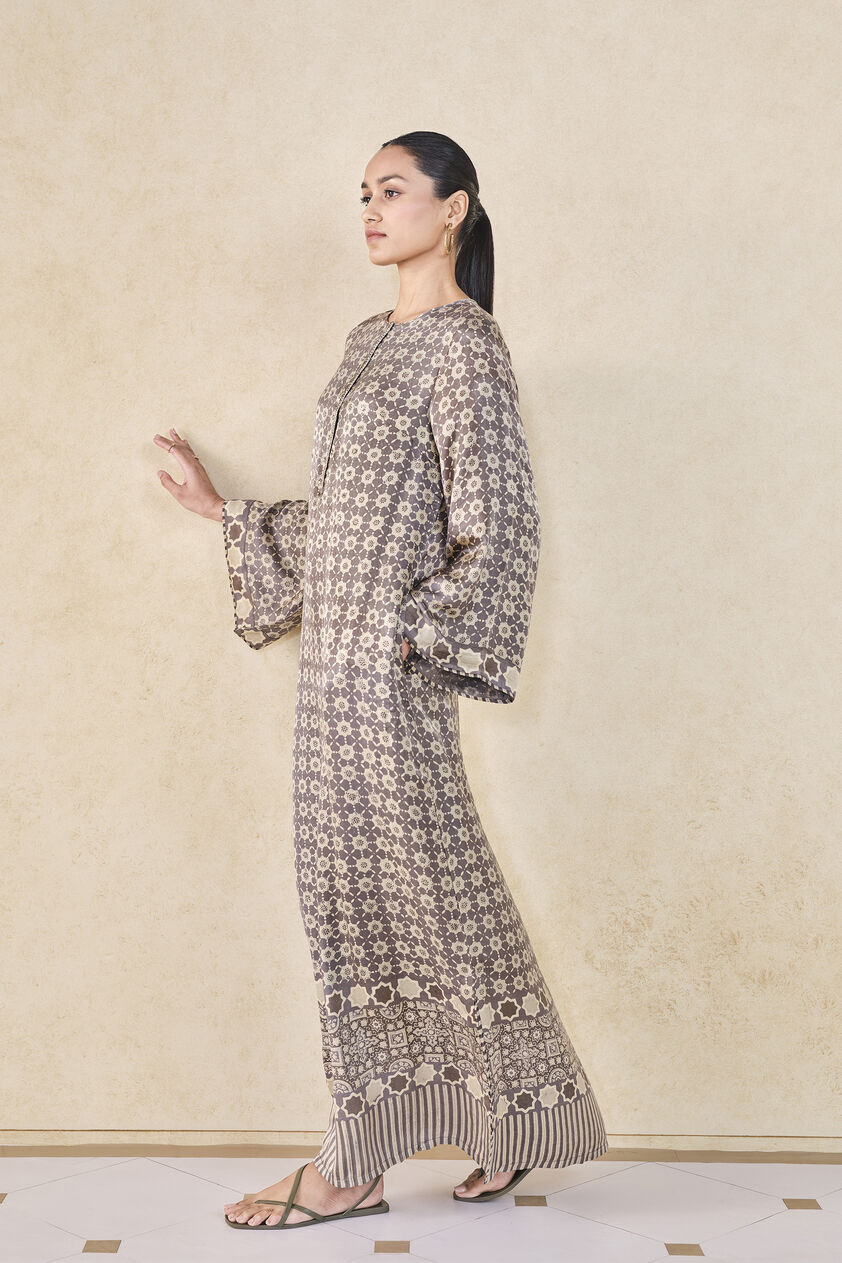 Sargassum Handcrafted Ajrakh Silk Kaftan - Grey, Grey, image 2